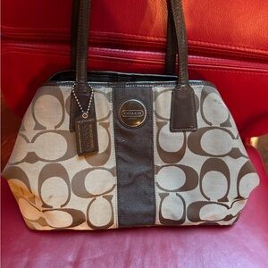 Coach Brown and Cream Signature Shoulder Bag